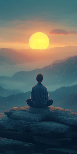 Ai Art, Sunrise, Mountains, Sitting, Illustration 5K Wallpaper Background