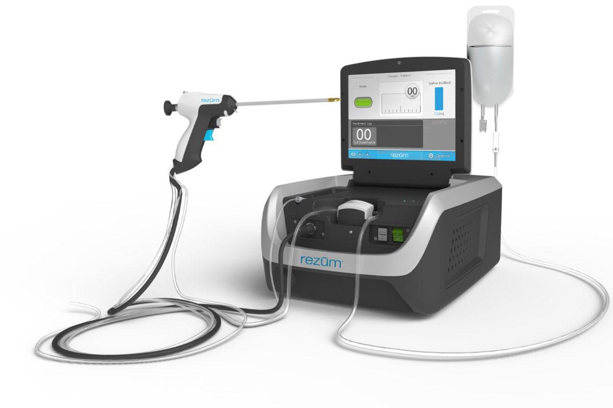 Illustration of the Rezum water vapor therapy device being used to treat an enlarged prostate.