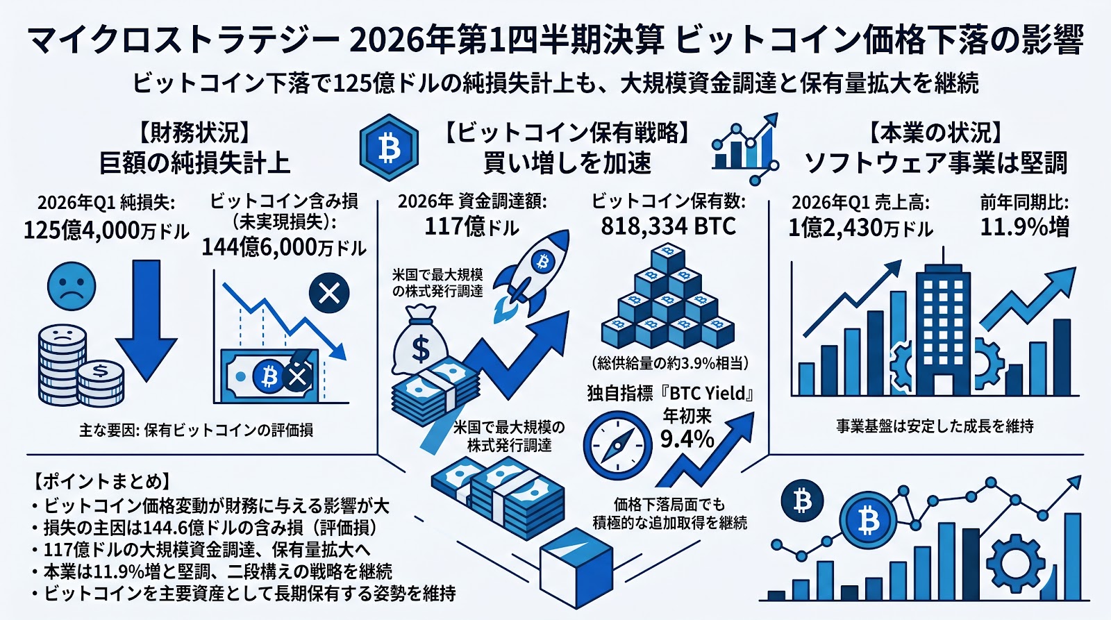 マイクロストラテジー、2026年第1四半期に125億ドルの純損失を計上 ビットコイン価格下落の影響