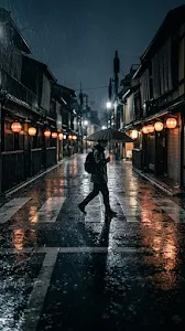 Lone Figure in Kyoto Intersection Rain Wallpaper