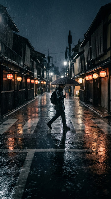 Lone Figure in Kyoto Intersection Rain Wallpaper - Free mobile Wallpaper