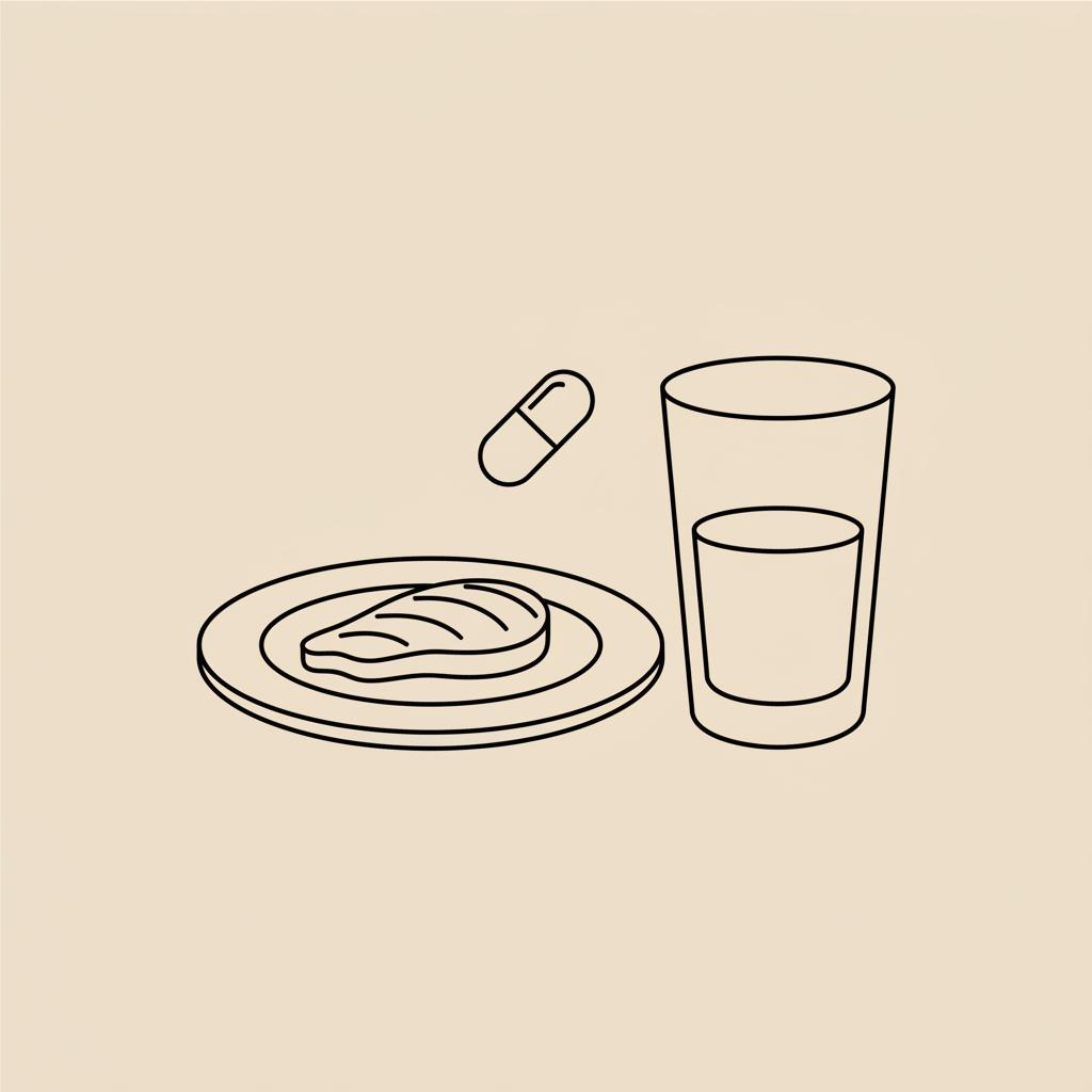 Minimalist vector illustration of a plate with protein, a water glass, and a capsule on a beige background, representing the three C's of weight loss.