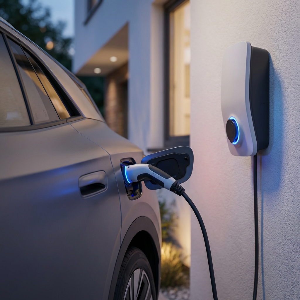Close up of Volkswagen ID4 charging at a home charger showing charging port cable blue accent reflections minimalist evening scene best Volkswagen model