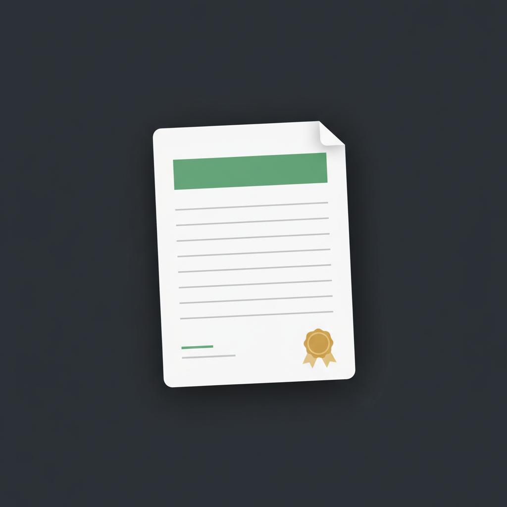 Minimal 2D vector of a financial report on dark background with green accents and gold seal suggesting an official filing stocks coin