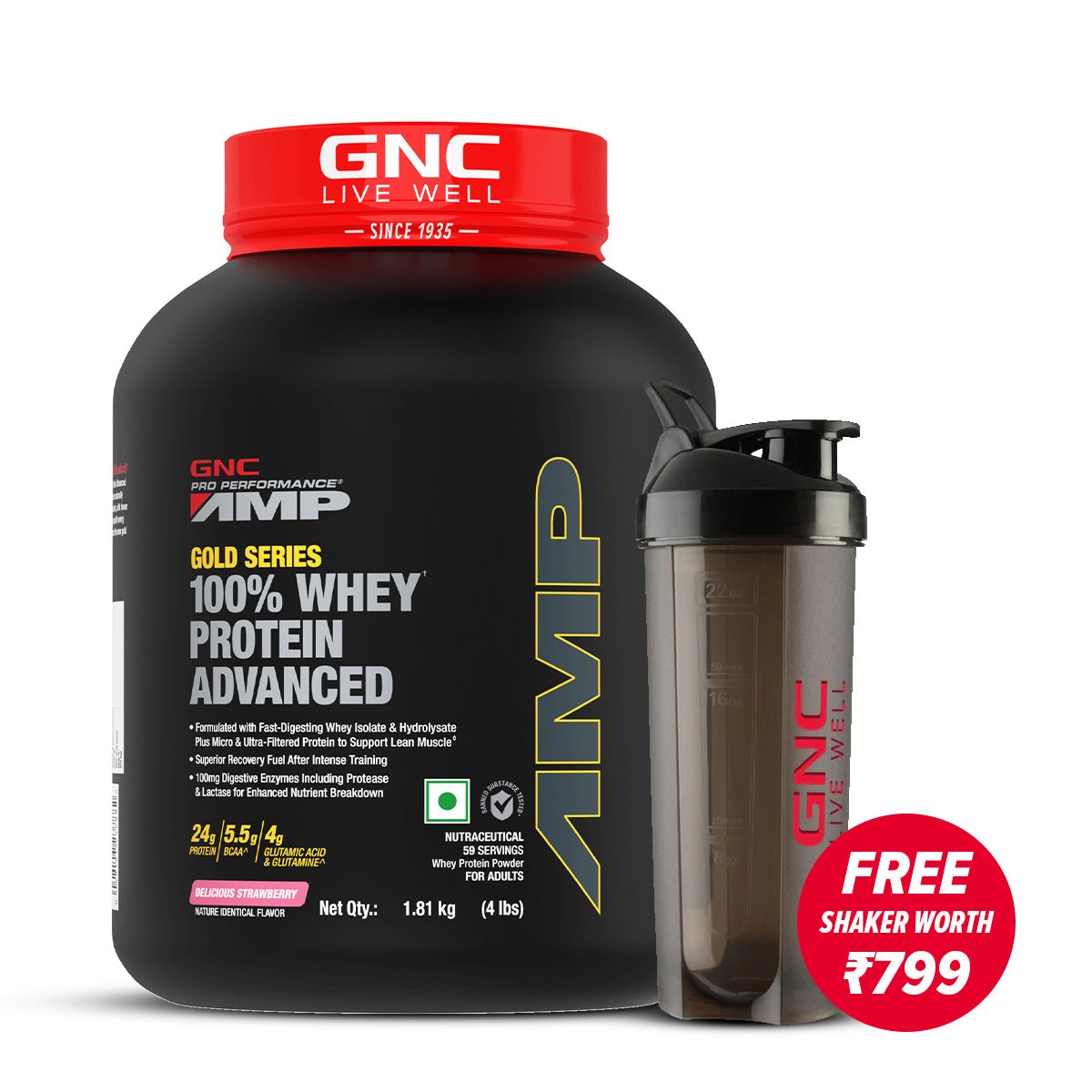 GNC AMP Gold Series 100% Whey Protein Advanced — Delicious Strawberry, 2 lbs