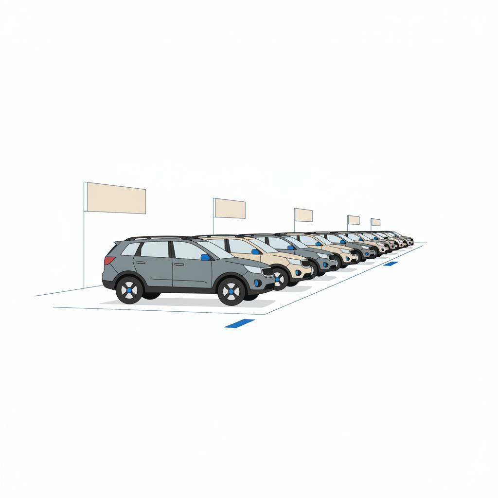 is a kia car a good car to buy? minimalist 2d vector of a clean used kia car lot aisle showing a row of SUVs and sedans with subtle blue accents on signage and white background