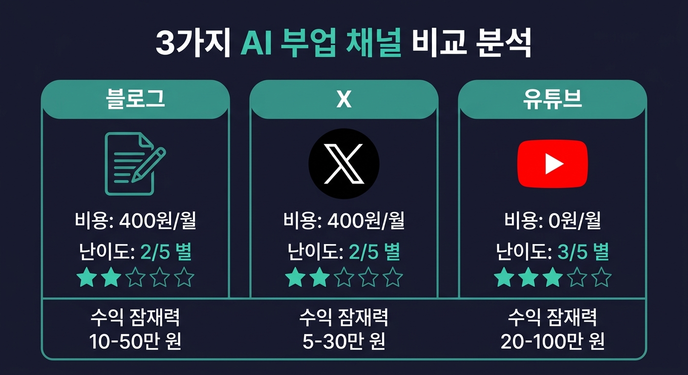 AI 부업 3가지 채널 비교 — 블로그, X, 유튜브 비용과 난이도