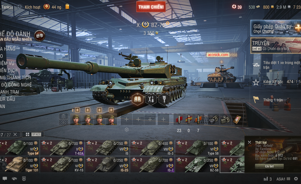 Acc World of Tanks PC gồm 6 tank X BZ-75, 113, IS-7, T-62A,...