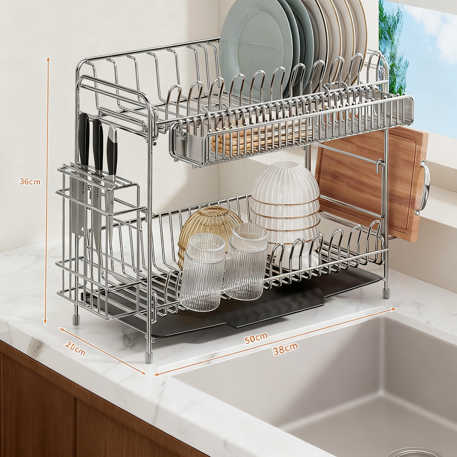 Stainless Steel Dish Rack with Draining Basket, 1–2 Tiers