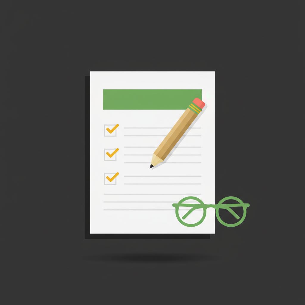 Minimal 2D vector checklist on paper with pencil and glasses on dark background showing layout for how to start an investment fund