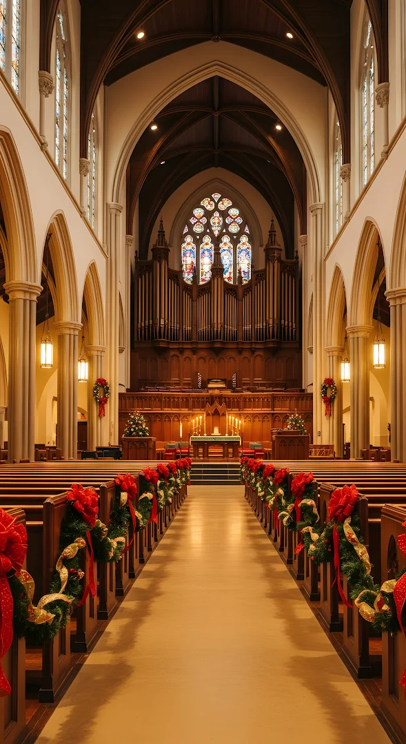 Historic Church Interior Decorated for Christmas Service