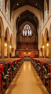 Historic Church Interior Decorated for Christmas Service