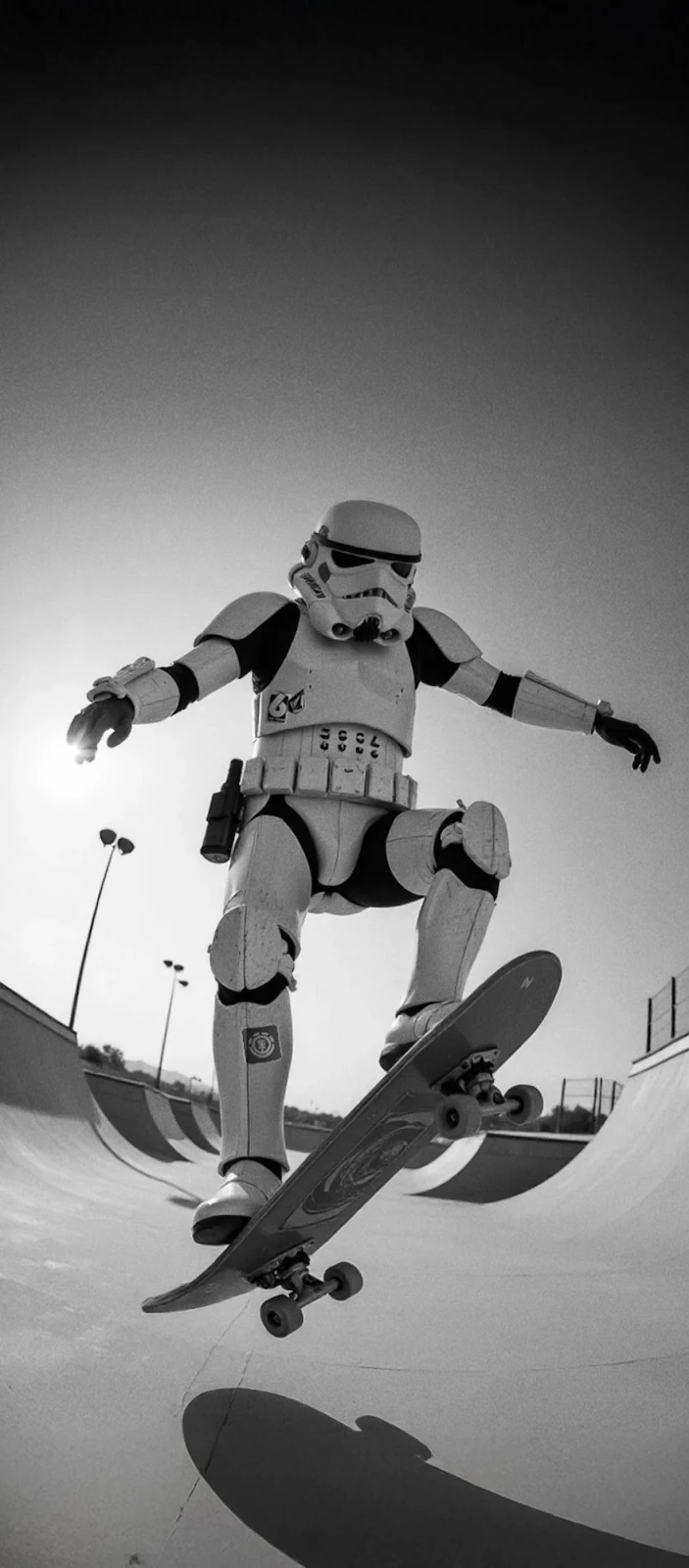Stormtrooper Skateboarding At Skatepark - Monochromatic Photography Full HD iPhone Wallpaper (1230x2800)