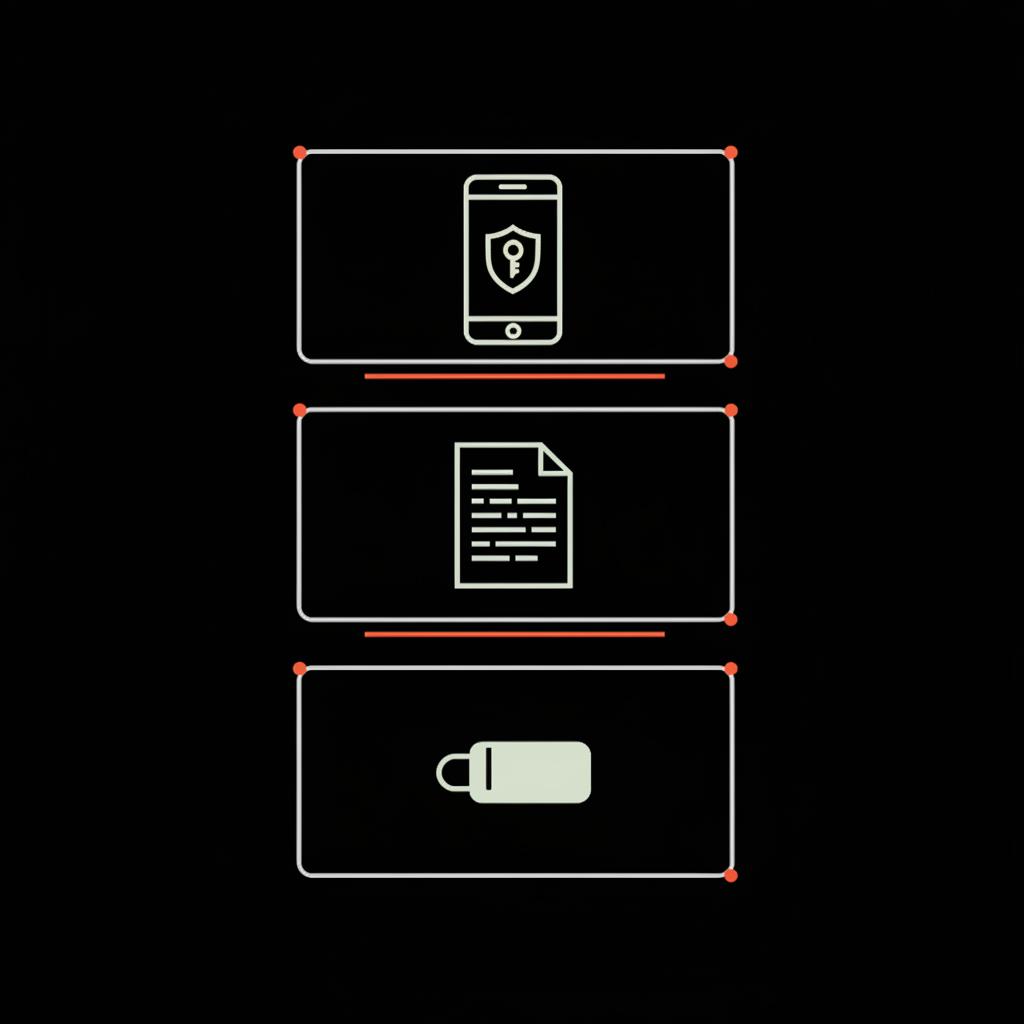 Minimal 2D vector infographic of three stacked authentication layers: authenticator app, backup codes (paper), and hardware key illustrating multi-factor security — how do i get a verification code for twitter