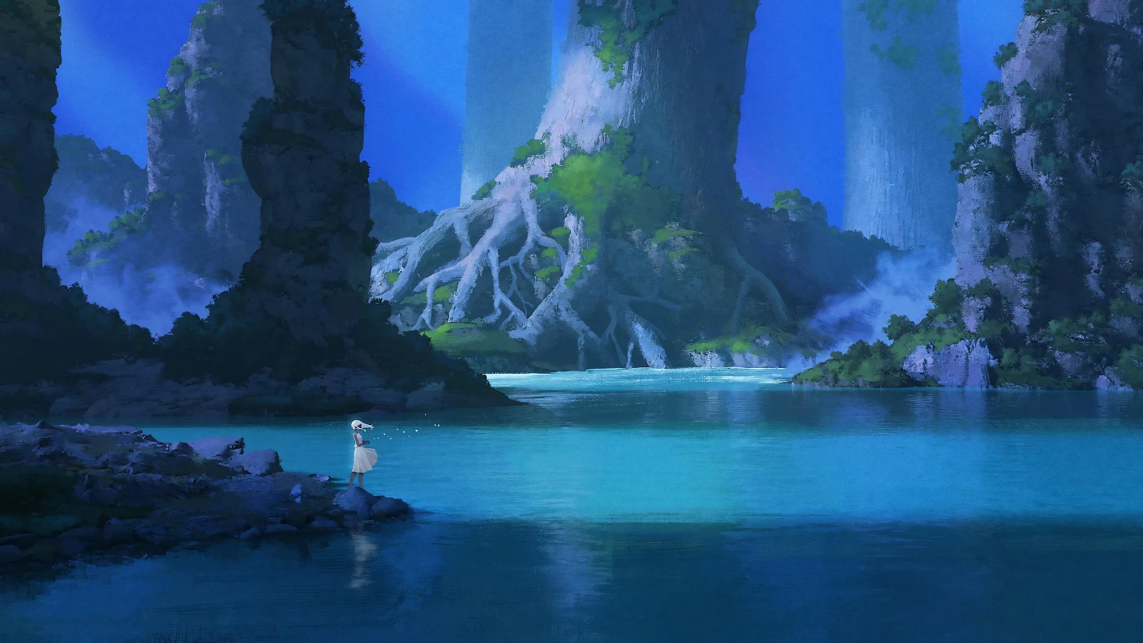 Mystical Blue Valley Lagoon - Fantasy Concept Art 4K Wallpaper (3840x2160)