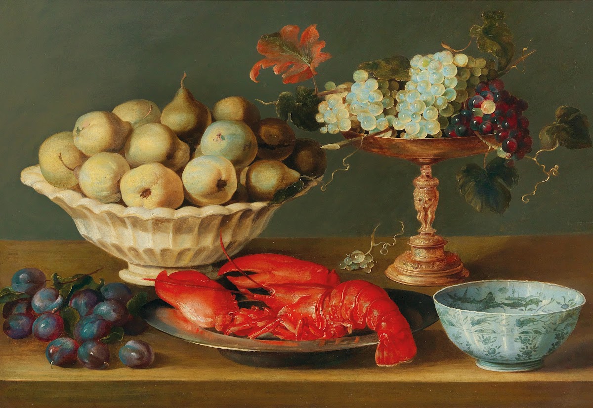 Still life with a lobster fruit and a gilded tazza