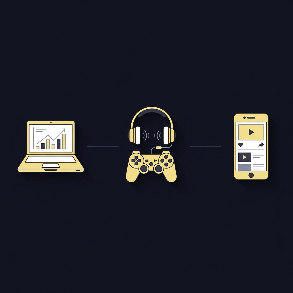 Minimalist 2D vector with three icons laptop headset gamepad smartphone representing analyst competitive player casual fan in Funded Plays colors for best nhl prediction site