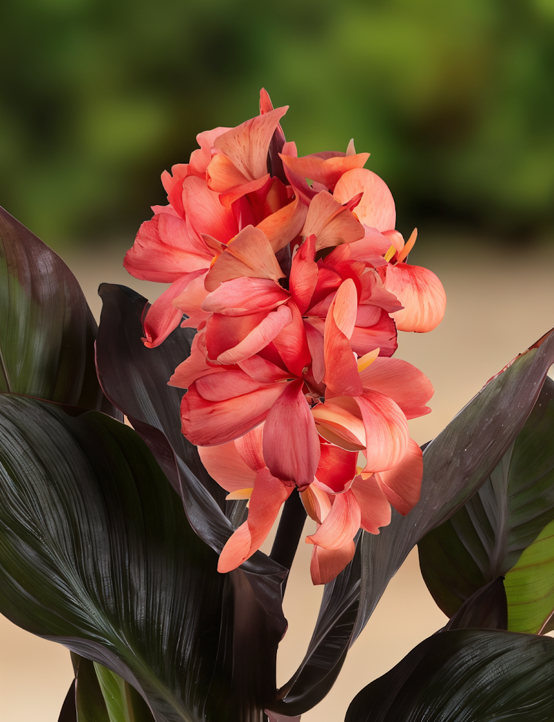 Canna Indica 'Cannasun Rosita' con fiori rosa vivaci in un giardino assolato
