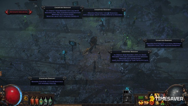 PoE2 Expedition encounter — multiple Unearthed Remnants laid out across the dig site before detonation
