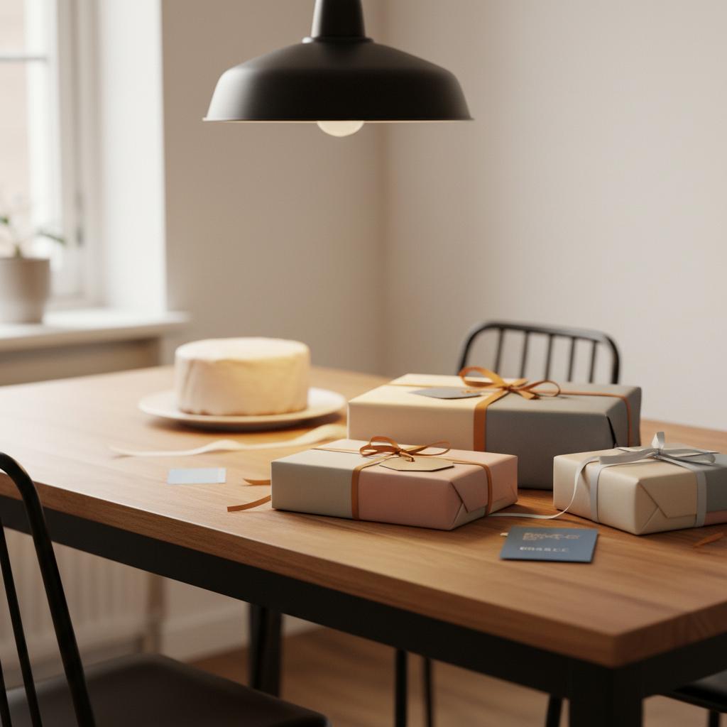 Nahaufnahme Esstisch mit dezent verpackten geschenkideen für schwiegermutter, Vanillekuchen, Metallanhänger und warmes Licht, minimalistisch und industriell