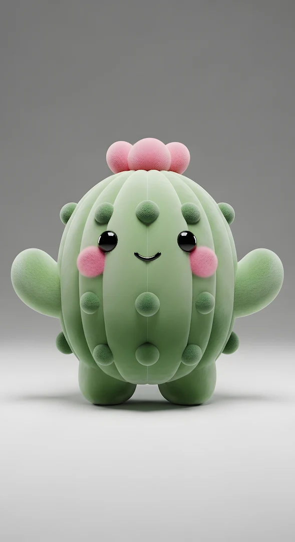 Adorable Fuzzy Kawaii Cactus Character 3D Render Illustration
