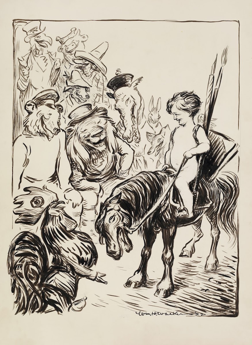 A boy on a pony laughs with several animals representing countries 1923
