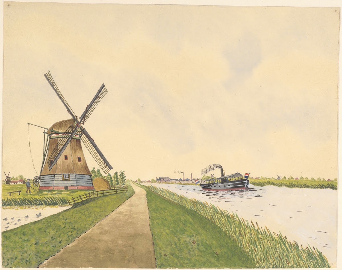 Links watermolen De Spin Op de Markervaart een stoomboot
