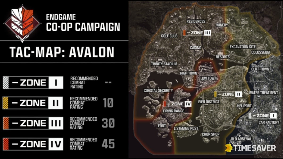 Black Ops 7 Endgame Avalon tac-map with recommended Combat Rating per zone