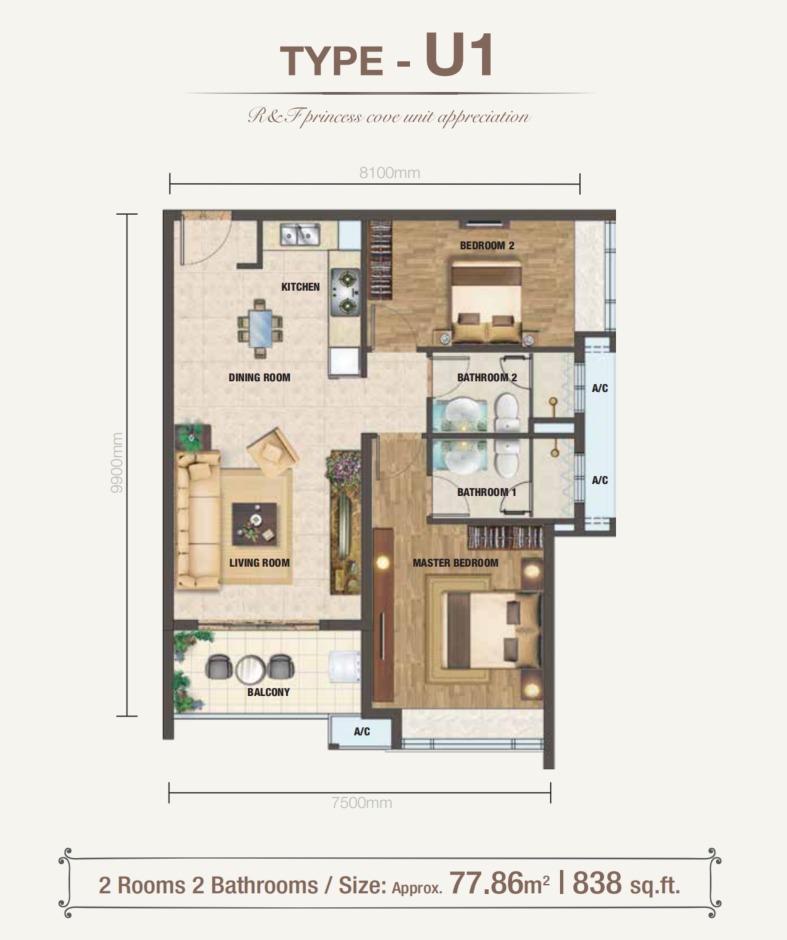 Princess Cove RNF Phase 2 Type U1 floor plan — 838 sq ft, 2 bedrooms
