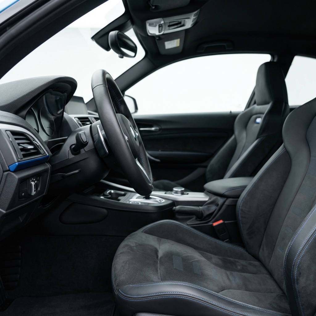 bmw m2 for sale interior close up showing driver focused cabin sport seats steering wheel blue accent stitching clean white minimalist background