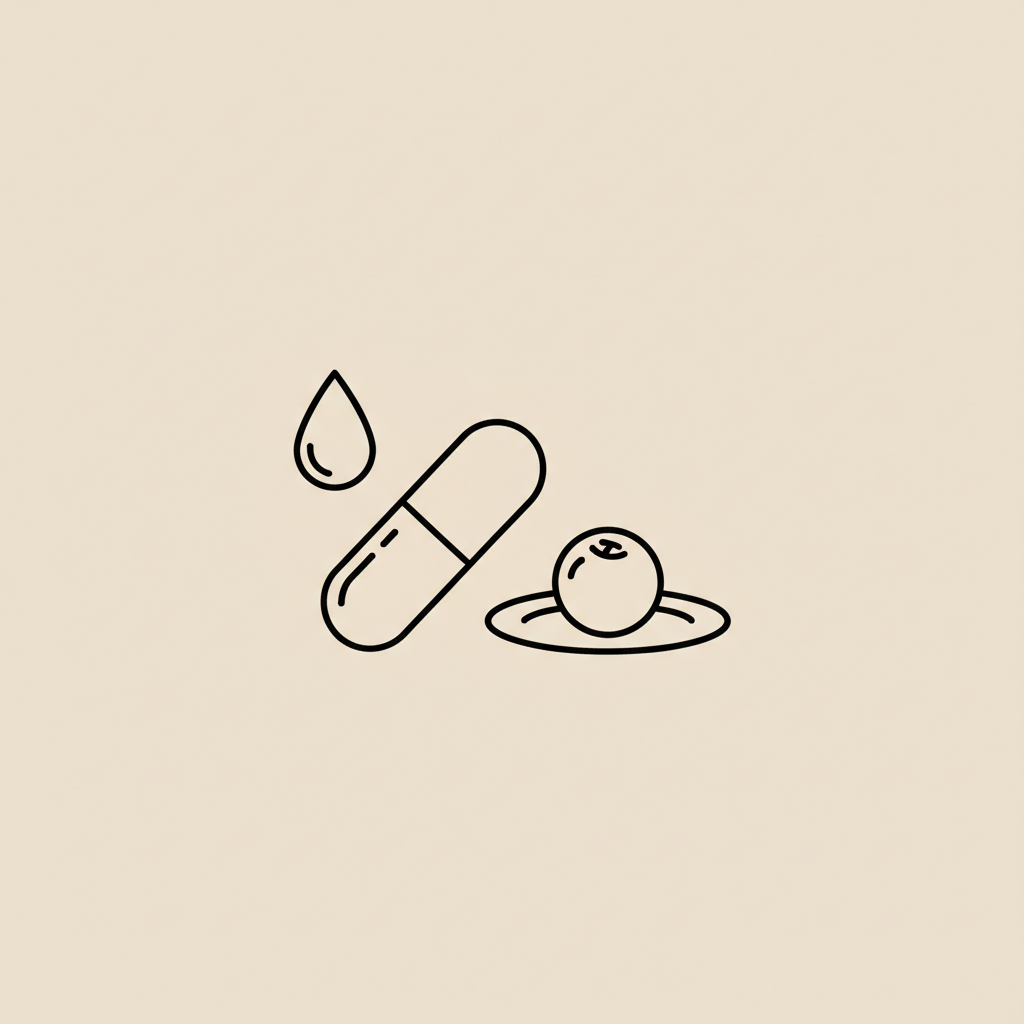 Minimalist Tonum-style line illustration of a capsule, plate with a berry and a water droplet on beige background representing best appetite suppressant