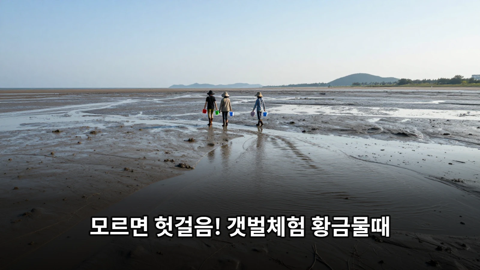 썰물로 넓게 드러난 젖은 갯벌 위를 장화와 모자를 착용한 사람들이 걸어 들어가는 전경
