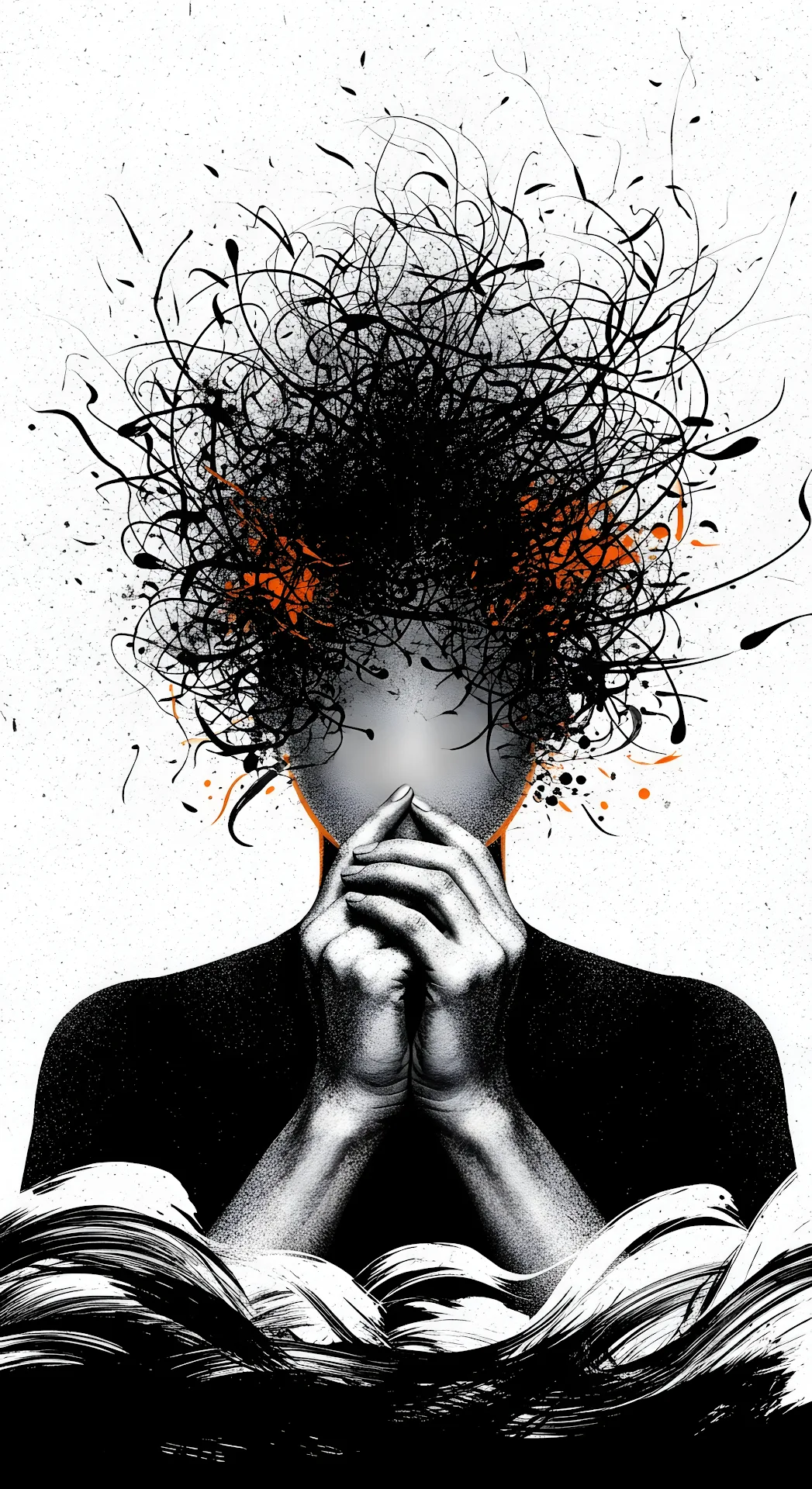 Dark, Textured Abstract Expressionist Portrait of a Figure with Hands Clasped in Grief/Stress - Free 4K mobile Wallpaper