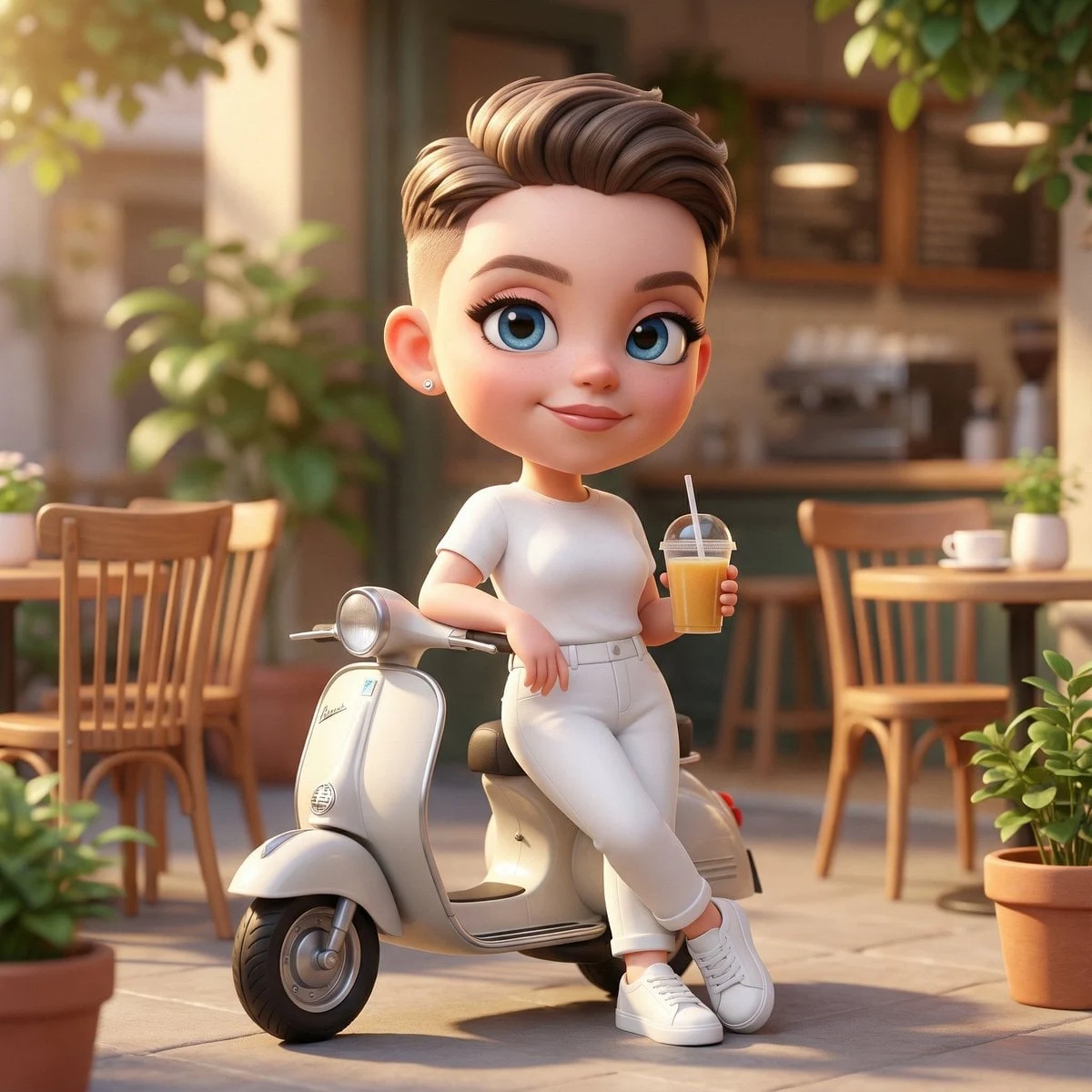 Un adorable personaje 3D estilo chibi de la imagen subida, apoyado contra un mini scooter chibi estacionado, vistiendo...