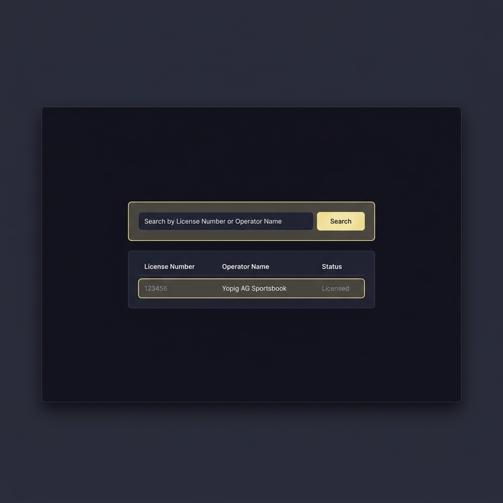 Screenshot style regulator license search page with highlighted fields showing masked license number and operator name yopig ag sportsbook and license status in a minimalist Funded Plays aesthetic