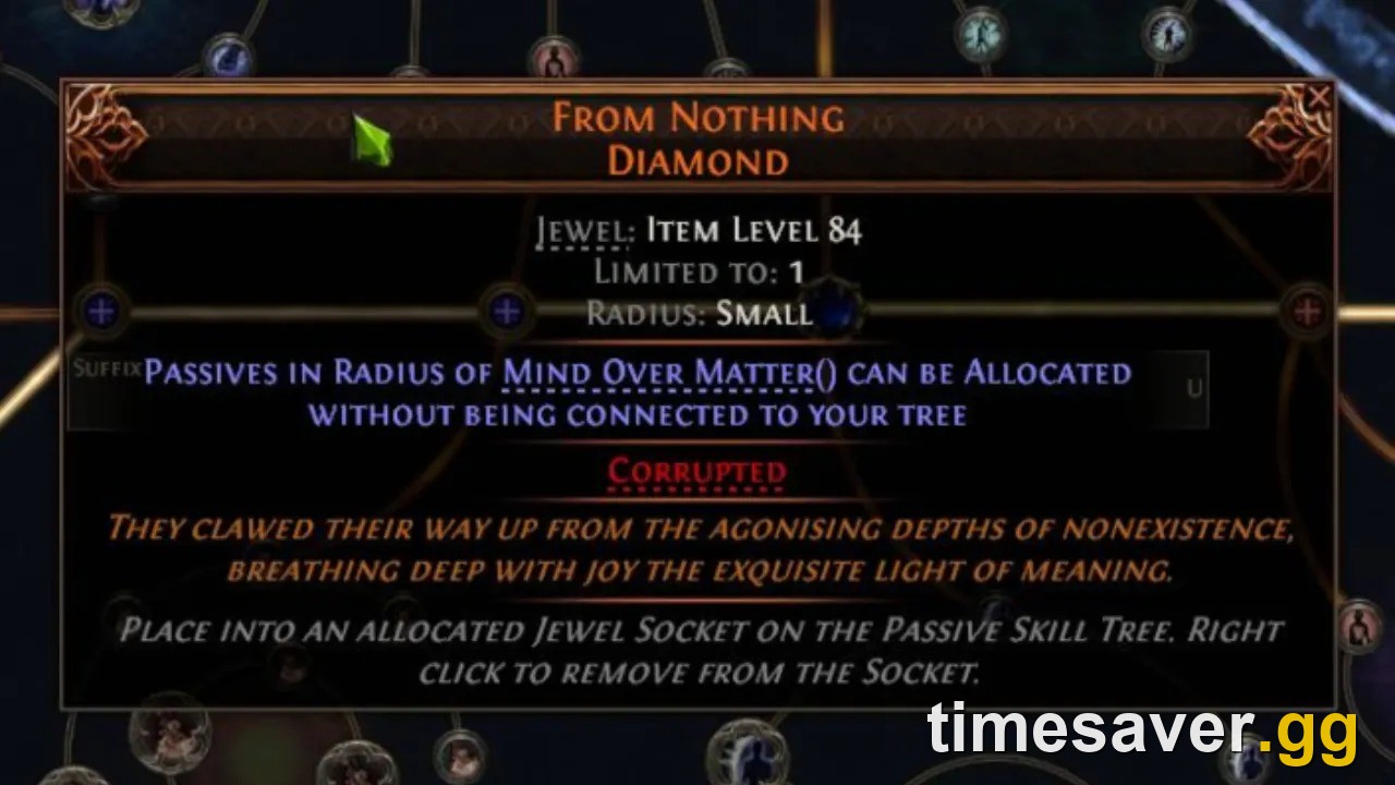 PoE2 From Nothing Diamond tooltip showing a Mind Over Matter keystone radius modifier, corrupted