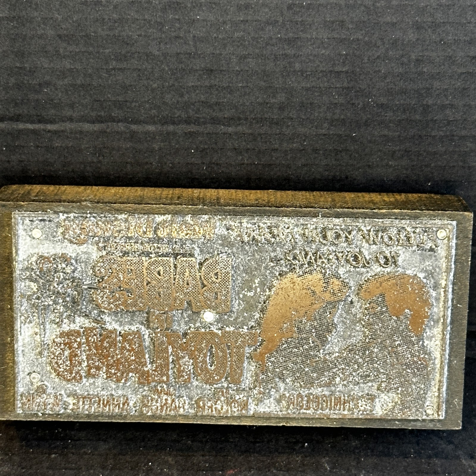 Metal production printing plate from the 1961 Disney film Babes in Toyland advertisement campaign, showing etched surface detail with age patina