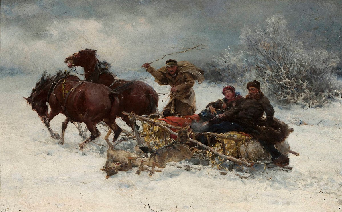 Wolves attacking a sleigh circa 1880
