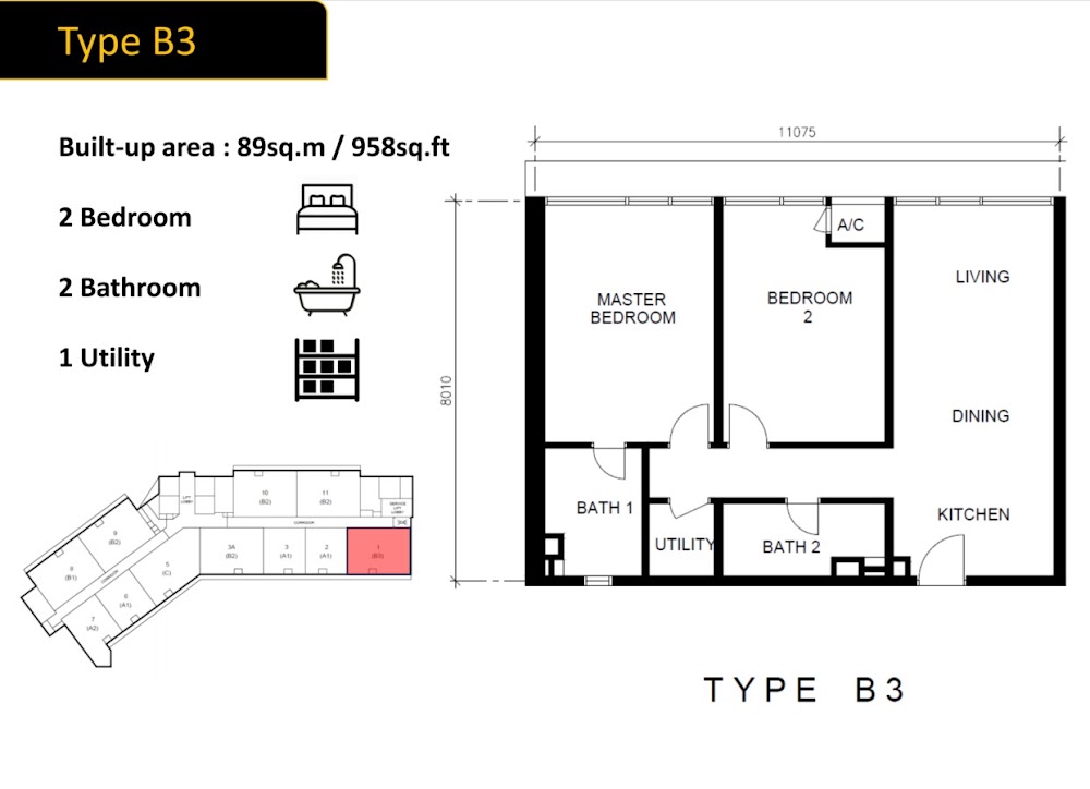 Golden Crown Type B3 floor plan — 958 sq ft, 3 bedrooms
