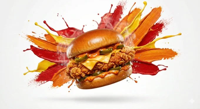Anuncio dinámico de [COMIDA] con llamativas salpicaduras de color que parecen pintura, congeladas en pleno movimiento.