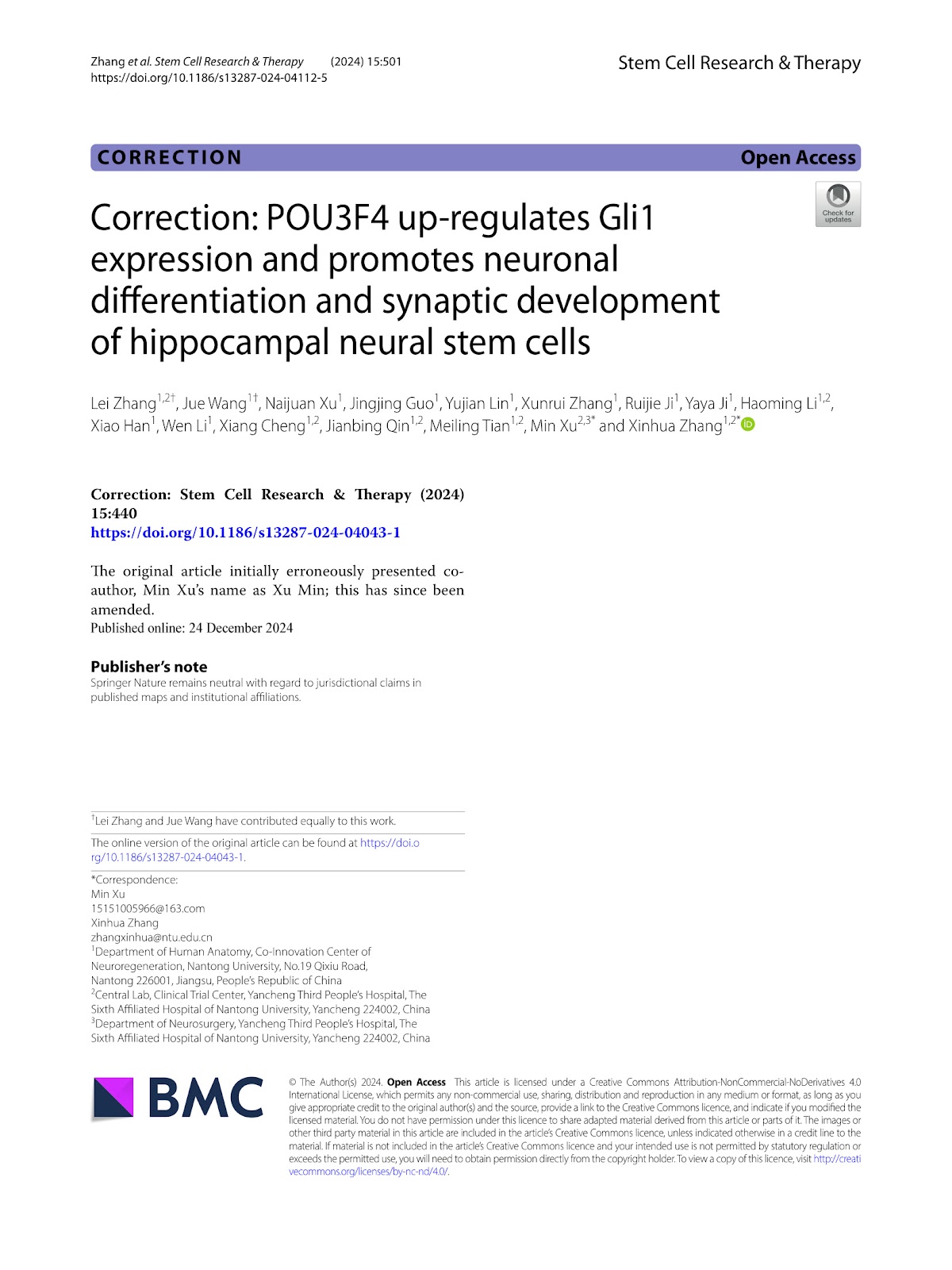 Correction: POU3F4 up-regulates Gli1 expression and promotes neuronal differentiation and synaptic development of hippocampal neural stem cells