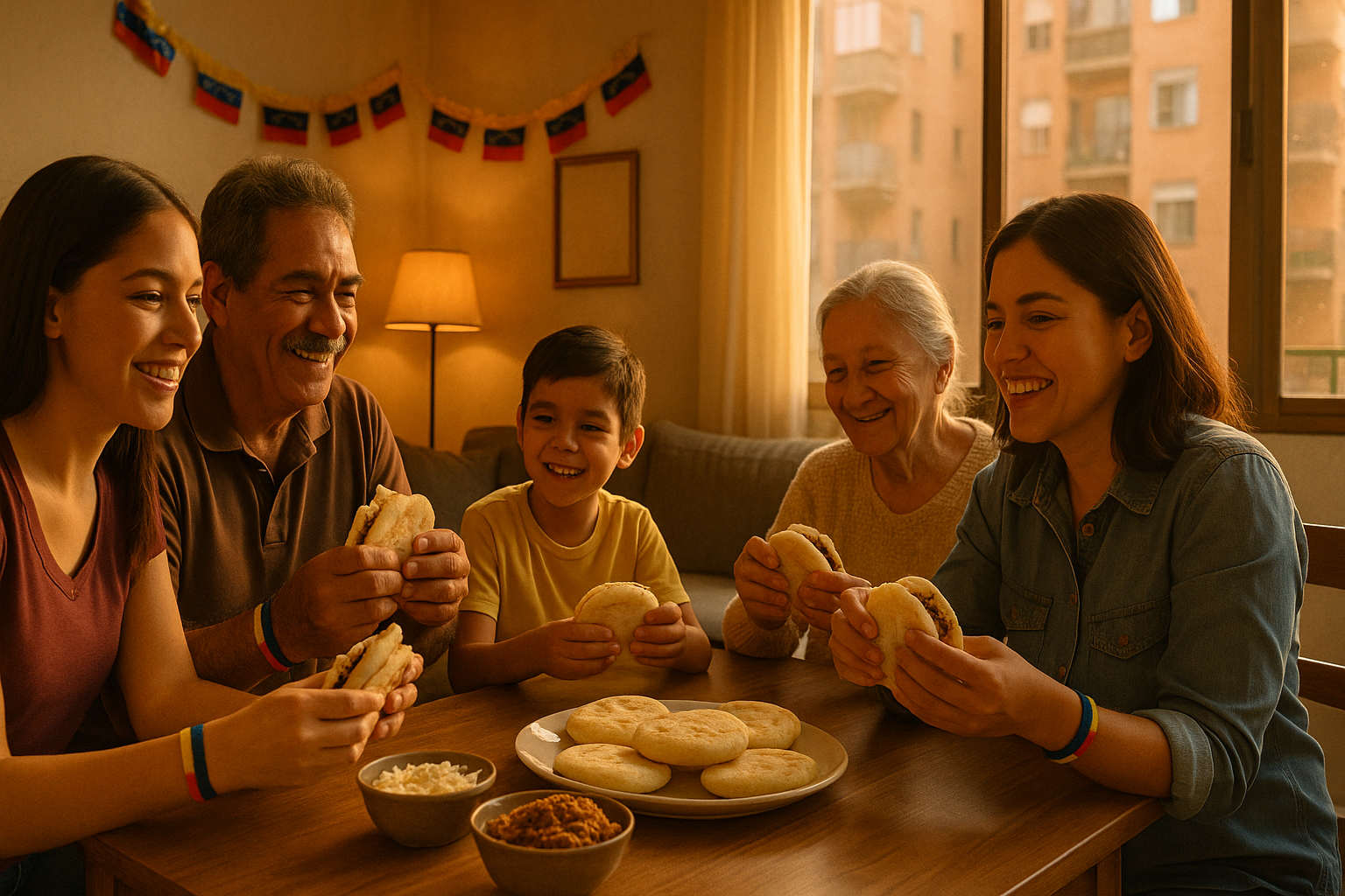 Venezolanos reunidos en una sala compartiendo arepas y sonrisas