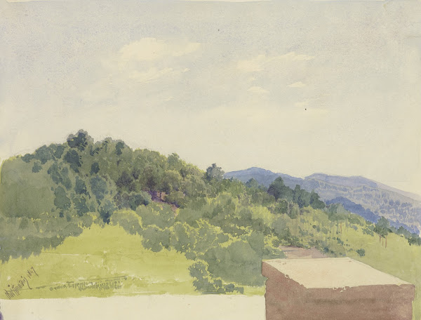 Berglandschaft von einer Burganlage aus betrachtet 1847