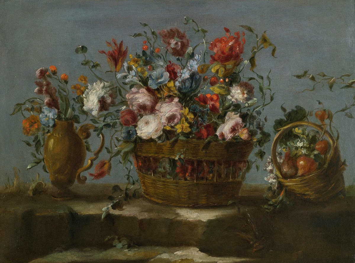 Still LifeOfA Basket Of Flowers OnA Rock Ledge