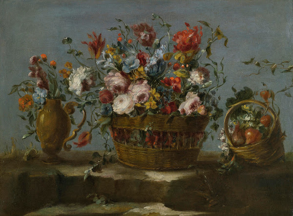 Still LifeOfA Basket Of Flowers OnA Rock Ledge
