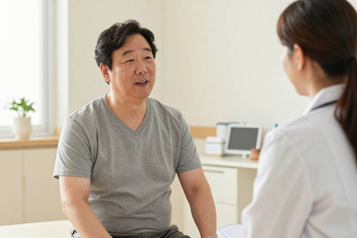 رجل كوري في منتصف العمر في استشارة طبية حول التغذية وصحة البطن
