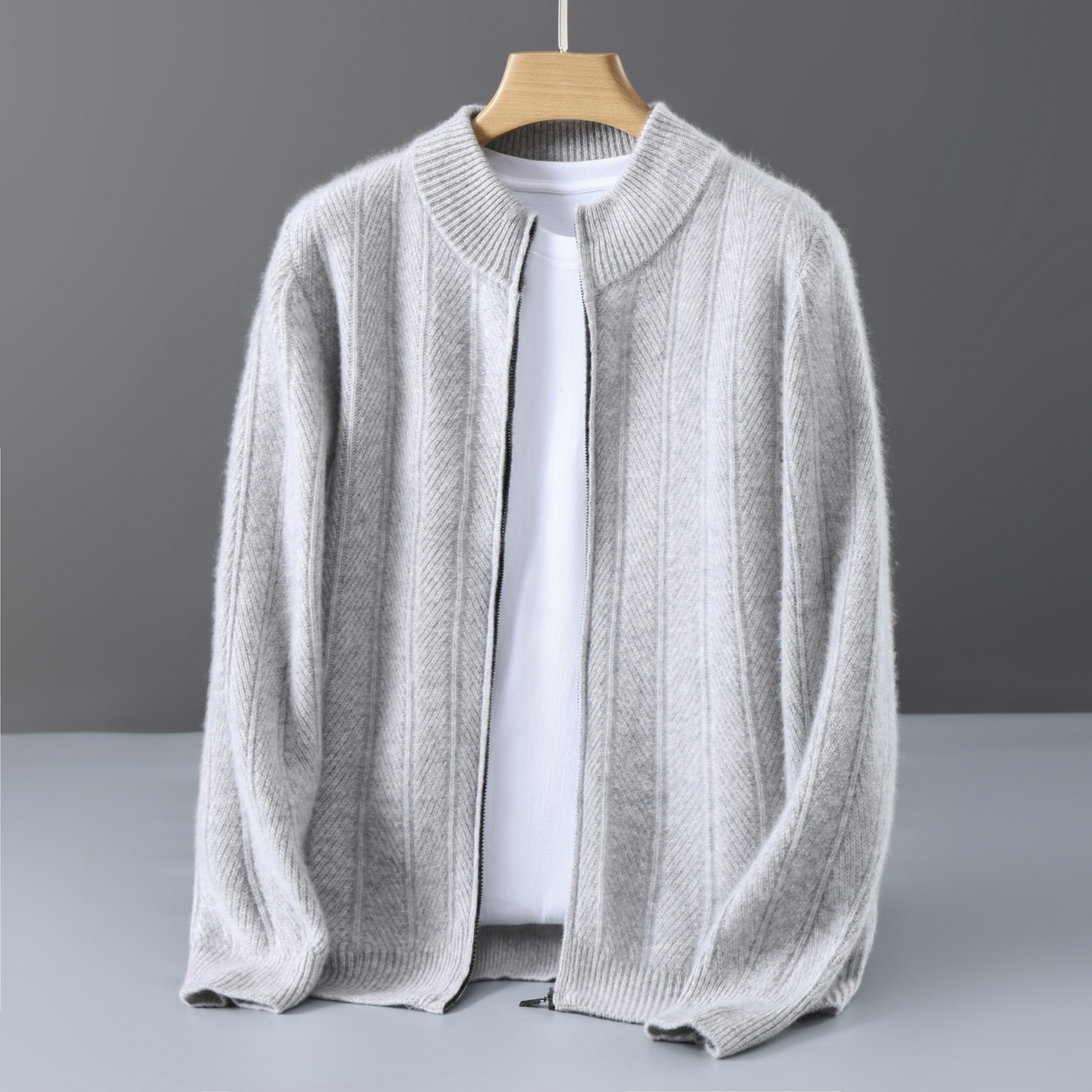 Herren-Wollstrickjacke, Stehkragen, Reißverschluss, Jacquard-Muster