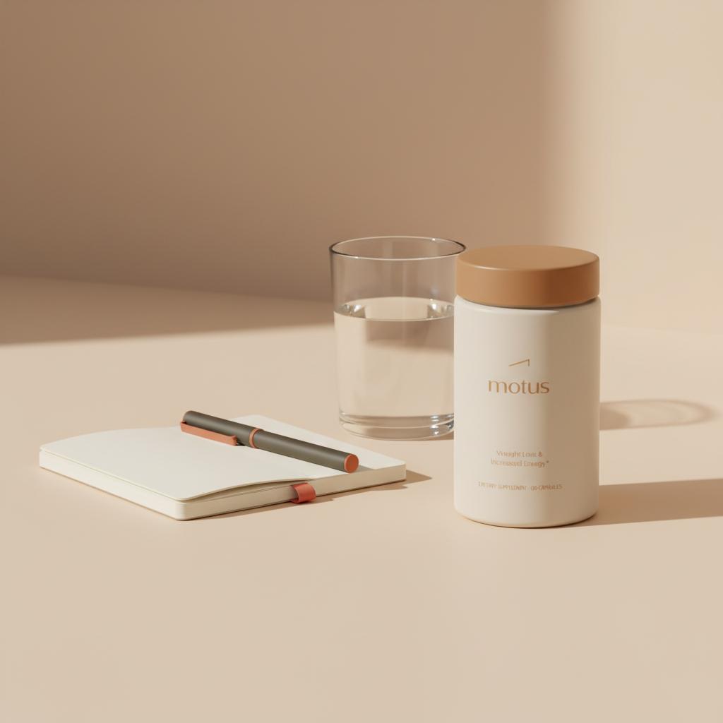 Close-up of Tonum Motus supplement bottle on a light beige countertop with an open notebook, pen, and a glass of water, minimalist clinical scene suggesting metabolic support.