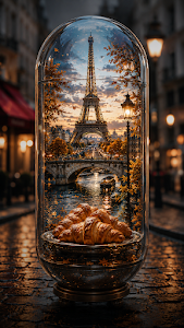 Miniature Paris Autumn Landscape with Croissants in Glass Capsule