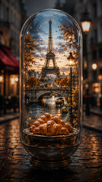Miniature Paris Autumn Landscape with Croissants in Glass Capsule - Free mobile Wallpaper